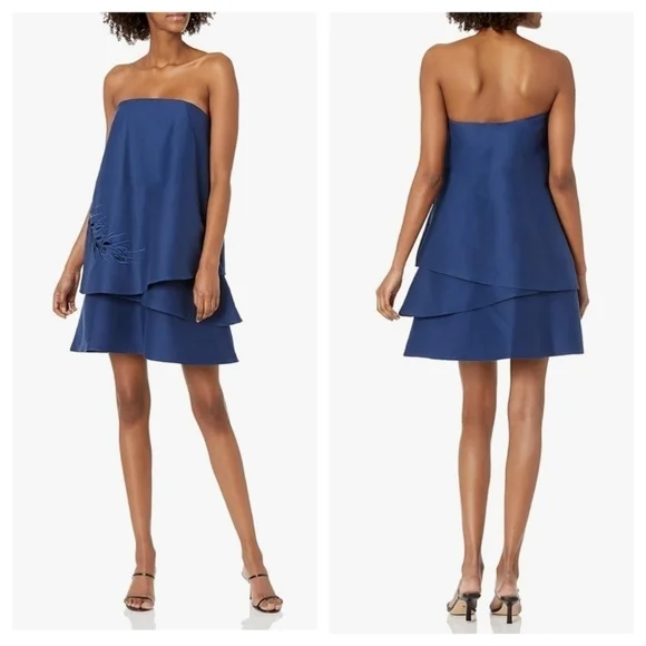 Halston Heritage Women's 10 Blue Strapless Tiered Embroidery Detail Dress Silk - Picture 1 of 12